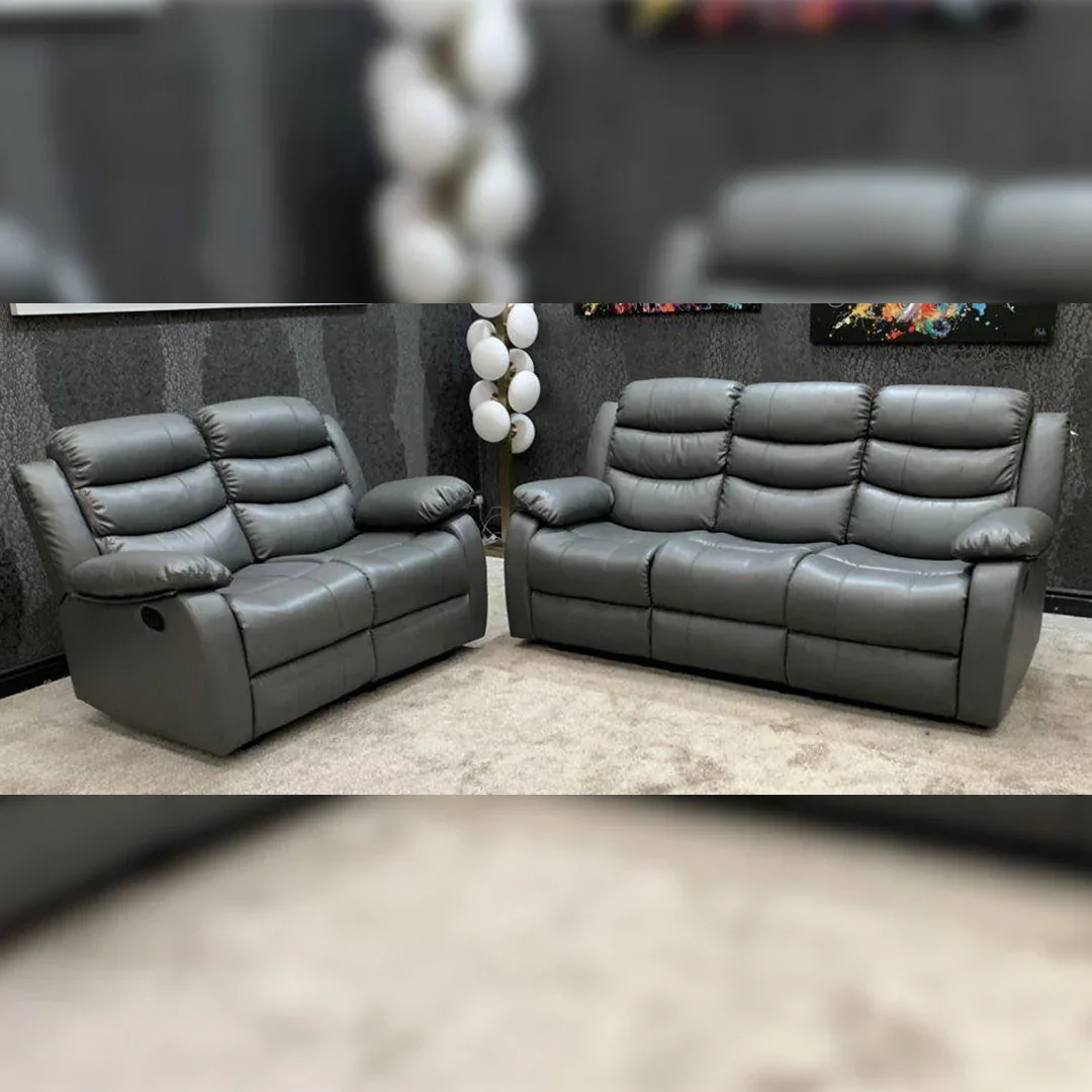 Roma Leather Recliner Sofa 3+2 Seater With Cup Holder Black/Grey - Image 11