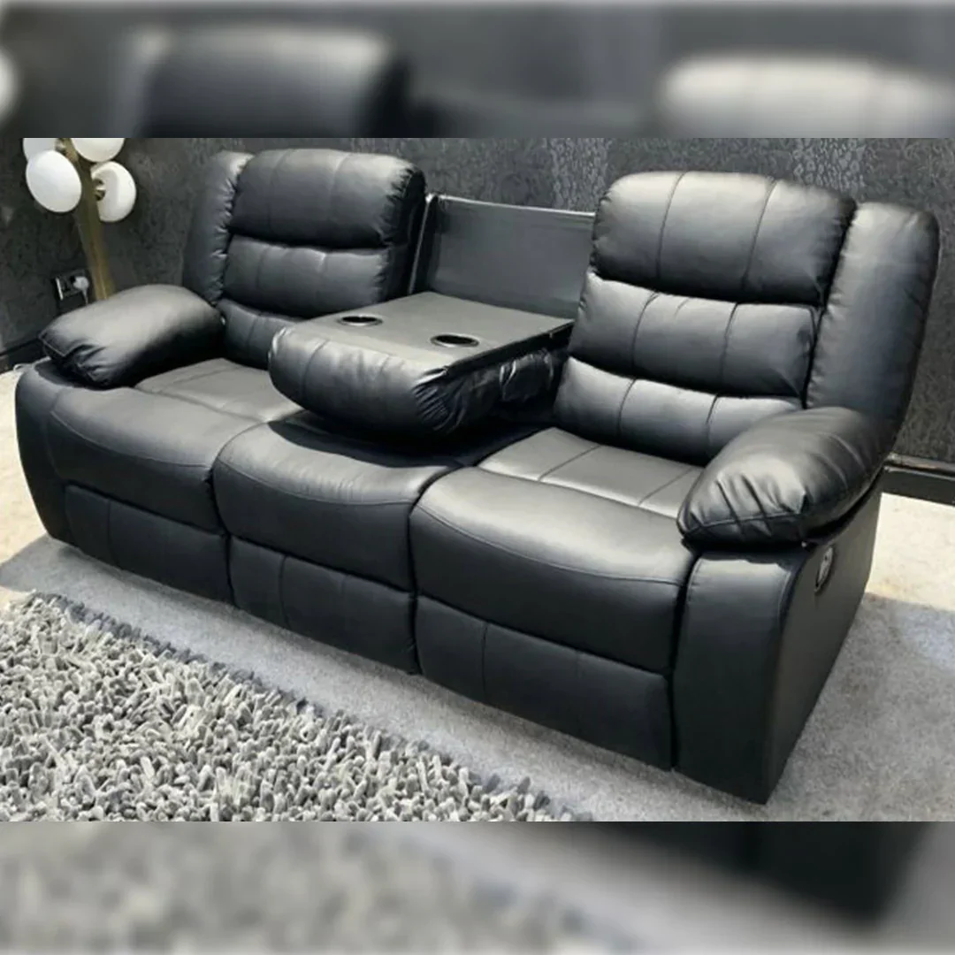 Roma Leather Recliner Sofa 3+2 Seater With Cup Holder Black/Grey - Image 10