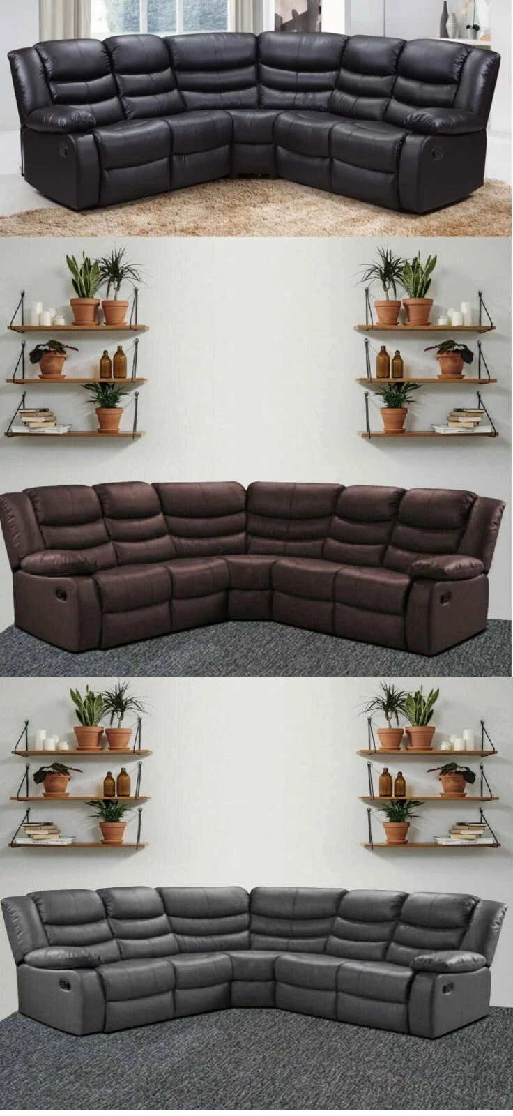 Leather Recliner Corner Sofa/ Black/ Grey/ Brown